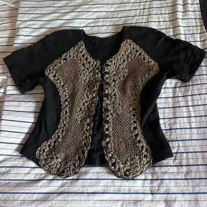 Short Sleeve Button Down Shirt with Lace Illusion Bodice